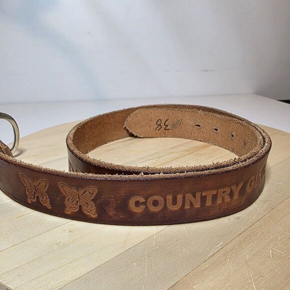 Western Cowgirl Brown Leather Belt Custom Tooled "COUNTRY GIRL HEIDI" Size 38 - Picture 2 of 10